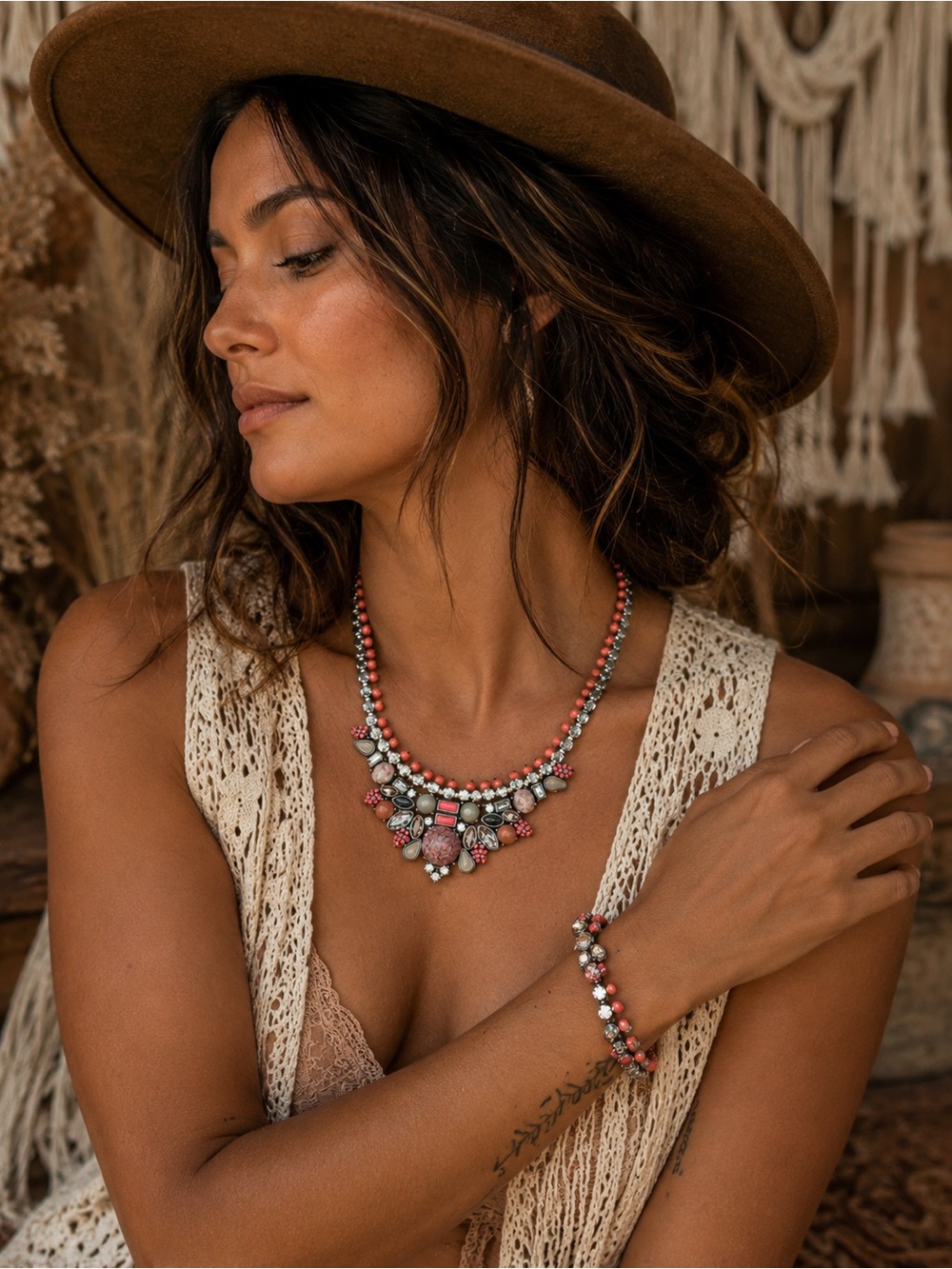 Pink Rhodonite Crystal Statement Necklace & Bracelet Set